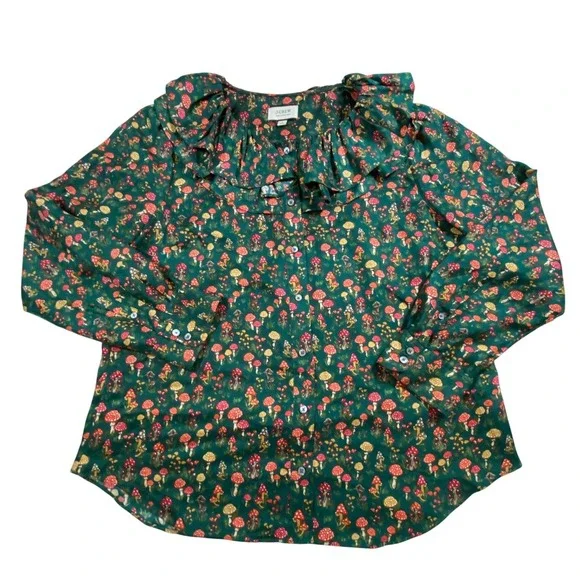 J. Crew Green Floral Ruffled V-Neck Mushroom Blouse - Picture 3 of 10